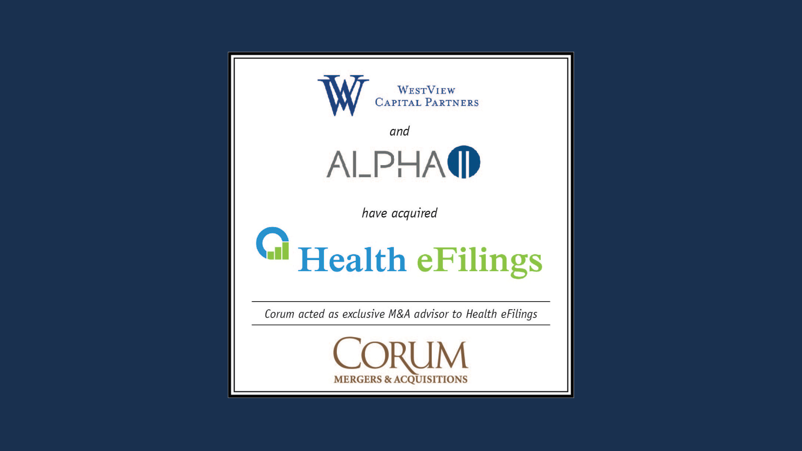 Corum Client Health eFilings Acquired by Alpha II backed by